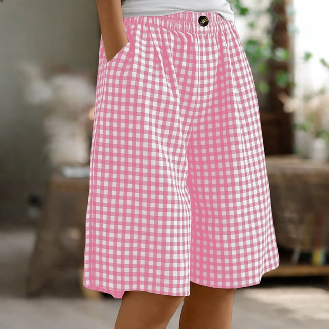 LVHAOGJOB Womens Plus Size Shorts Linen with Pockets Solid Color Summer Elastic Waist Shorts Pants for Ladies Loose