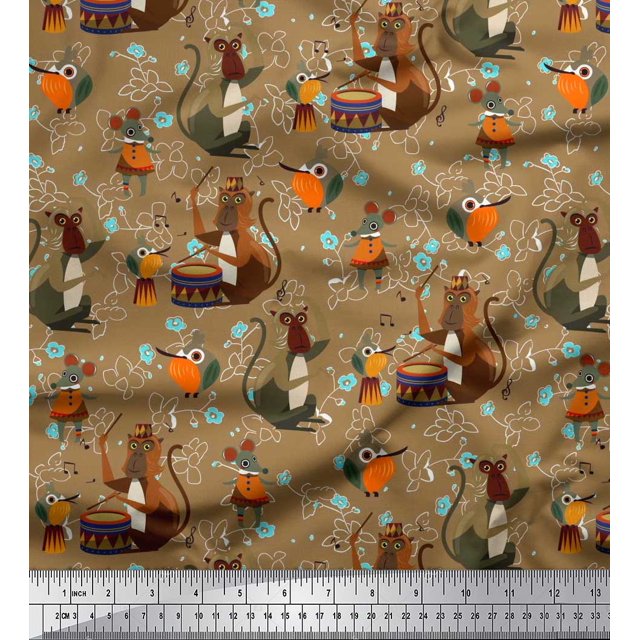 Soimoi Cotton Voile Fabric Musical Instruments,Monkey & Rat Cartoon Print Fabric by The Yard 42 Inch Wide