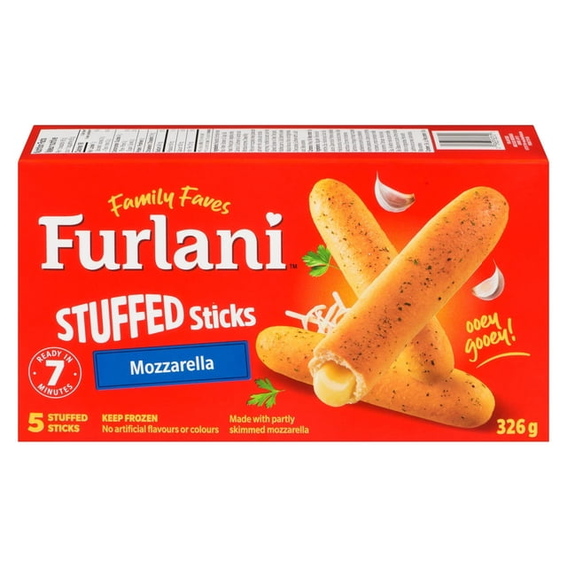 FURLANI Mozzarella Stuffed Breadsticks box with five herb-seasoned breadsticks, one broken to show melted mozzarella inside, on a red background with garlic and parsley accents, 326 g package ready in 7 minutes from frozen, suitable for quick snacks or appetizers.