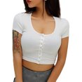 thumbnail image 4 of FOCUSNORM Women Short Sleeve Knit Blouse Solid Color V-neck Slim Short Top, 4 of 8