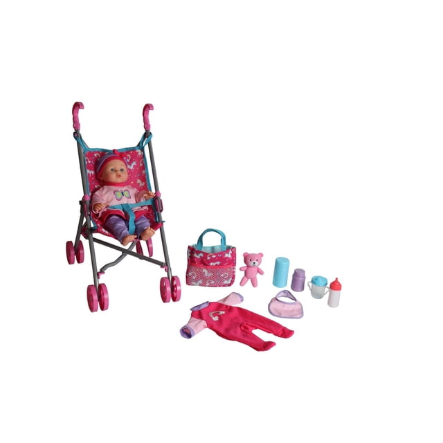 Poupée Bébé MSB avec Poussette, Ensemble Mettant en Vedette une Poupée Douce avec Mains et Jambes en Vinyle Assises dans une Poussette Rose et Bleue avec Motifs de Licorne. l'Ensemble Comprend des Accessoires de Soins pour Bébé comme un Ourson Rose, Deux Biberons, une Tasse à Bec, Deux Bavoirs, une Tenue Rose et Violette, et un Sac à Couches Assorti avec Poches en Maille pour le Jeu de Soins pour Poupée.