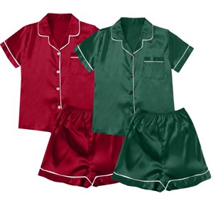 ZJXFGS Vêtements de nuit pour femmes, Pyjamas pour femmes et satins 4 Pièce Pyjamas manches courtes Vêtements de nuit et shorts ensemble Femmes costume de loisirs Vêtements de salon, short pyjama ensemble pour femmes rouge 3XL