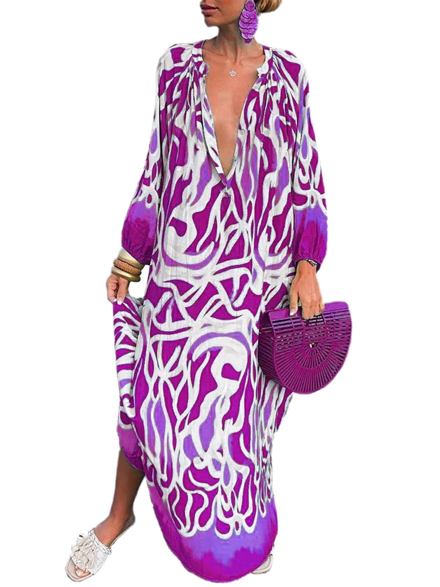 Innerwin Robe Boutonnée Femme Robes Maxi Automne Manches Longues Ample Violet G