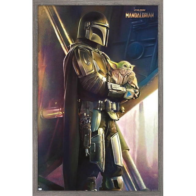 Star Wars : The Mandalorian - Affiche Murale Tenu, 22,375 Po x 34 Po Encadrée Montrant The Mandalorian en Armure Détaillée Tenant Grogu sur un Fond Sombre de Science-Fiction avec le logo en Haut à Droite, Affiche Imprimée sur Fini Satiné avec un Cadre Léger et un Cintre à Dents de Scie, Idéale pour l'Art Mural et la Déco de Pièce.