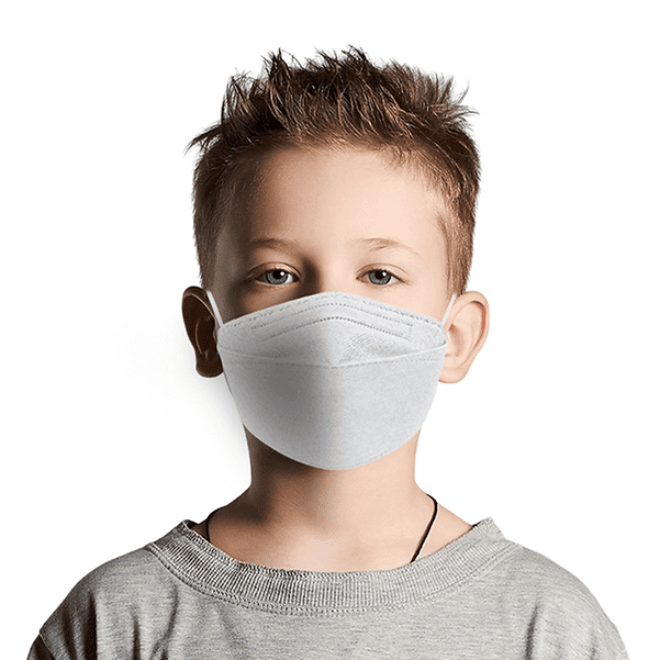 Respirator CA N95 Flat Fold Small designed for adults and children, shown worn by a child. This disposable adult face mask features a 3-layer filtration system, filtering at least 95% of airborne particles. The flat-fold design ensures portability, while the flexible nose bridge provides a secure fit. Made in Canada, hypoallergenic, latex-free, and graphene-free.