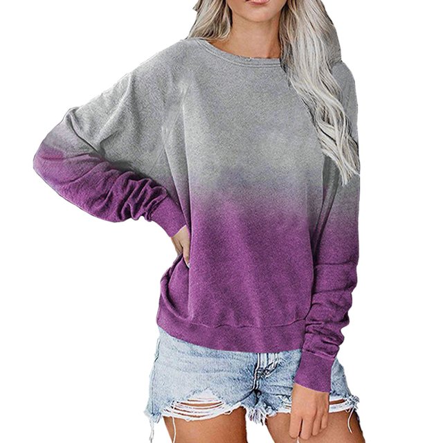 Chemises à Manches Longues pour Femmes Automne Hiver Col Rond Tempérament Manches Raglan Décontractées T-shirt Dégradé Couleur Haut Ample Décontracté Blouses Grande Taille pour Femmes en Liquidation