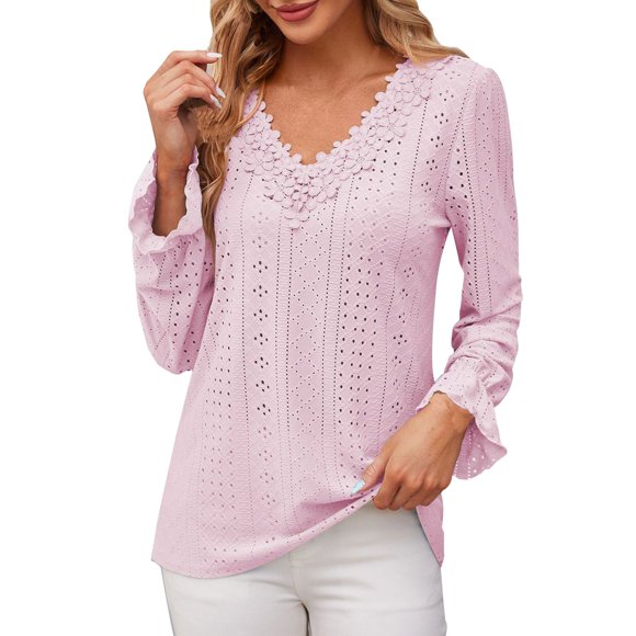 Timegard Tops for Women Eyelet Ruffle Long Sleeve Lace V-Neck Comfy Tshirts Dressy Casual Tunic Top
