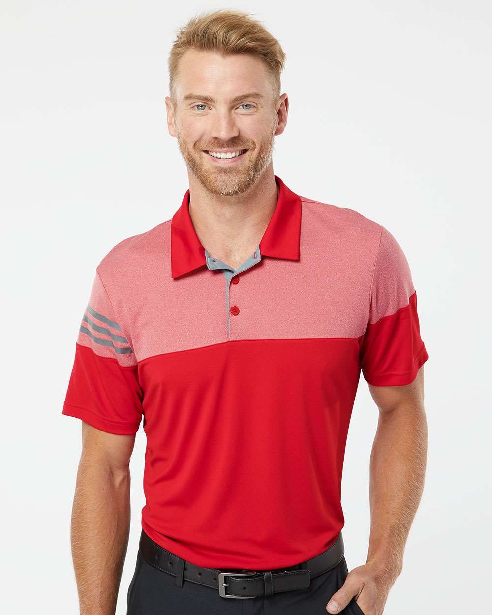 Adidas Mens Heathered 3-Stripes Colorblock Polo, L, Power Red