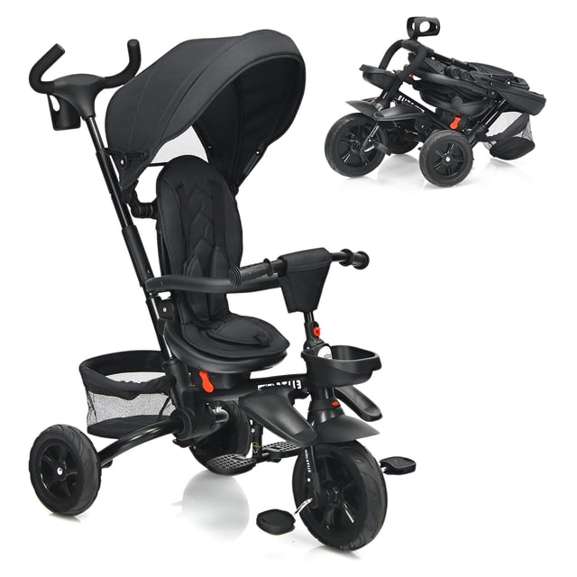 Babyjoy 7-In-1 Kids Stroller Tricycle Foldable Learning Toy Bike w/ Canopy Black