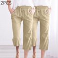 thumbnail image 2 of Timegard 2pc Capri Pants for Women Cotton Linen Elastic Waist Loose Lounge Crop Pants Pockets Solid Color, 2 of 6
