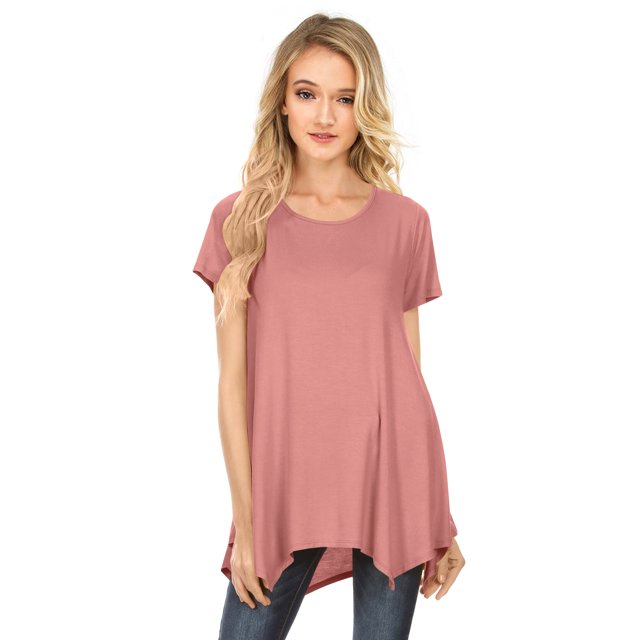 Womens Short Sleeve Scoop Neck Flowy Tunic Top - Made in USA, Medium