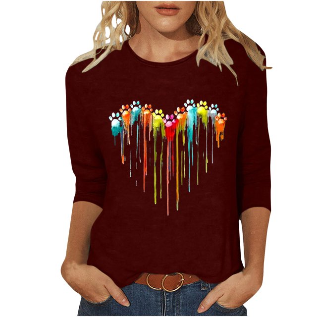 PEZHADA Blouses pour Femmes Manches 3/4 Mode Féminine Manches Trois-Quarts Col Rond Rétro Imprimé Hauts Amples Blouse Manches Trois-Quarts