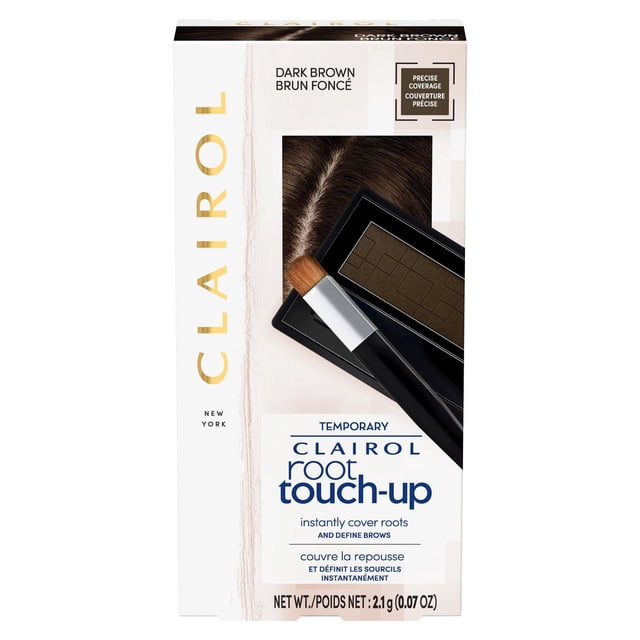Clairol Root Touch-Up Temporary Concealing Powder in dark brown, compact black case with applicator brush and dark brown powder for precise grey root coverage and eyebrow definition, lightweight water-resistant formula, net weight 2.1g (0.07 oz).