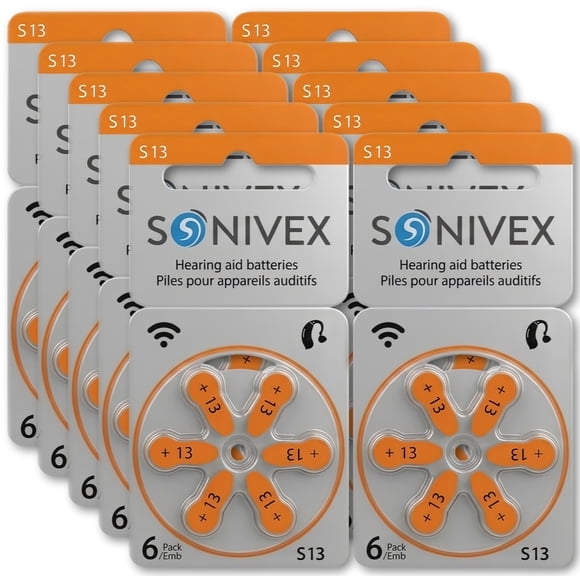 SONIVEX® Piles pour Appareils Auditifs Taille 13, Zinc-Air, Sans Mercure, 60 Piles, 10 Paquets de 6, Fabriqué en Allemagne