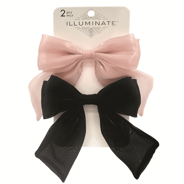 Illuminate Bow 2ct Pink. Black set with two 4.5 by 4.5 inch organza hair bows in light pink and black, featuring secure metal clip closures for all-day hold, suitable for all hair types and ages, often used to add a soft feminine touch or dress up hairstyles.