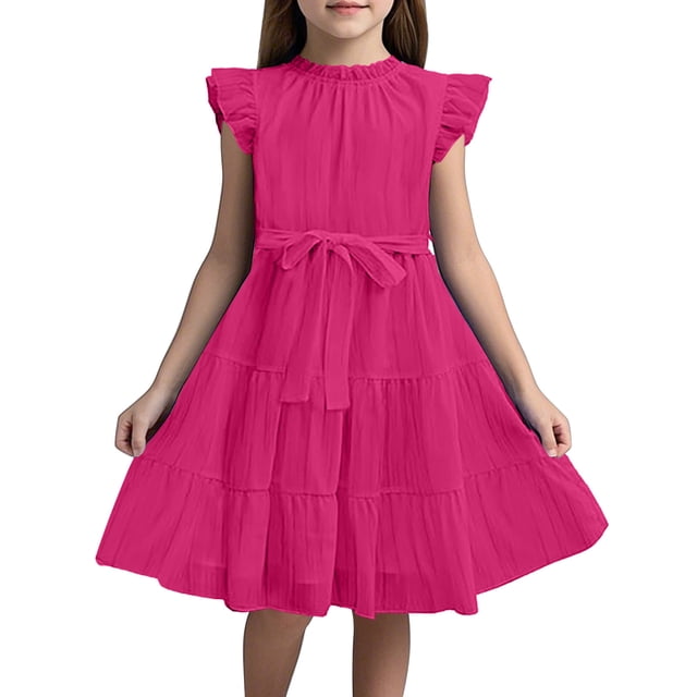 MIASHUI Elegant Girls Chiffon Party Dress With Ruffle Sleeves Neck Detail And Waist Belt For Festive Summer Occasions Hot Pink,150.00