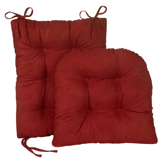Indoor Rocking Chair Cushion Non Slip Chair Pad Cushion with Ties, designed for rocking chairs or office chairs. This two-piece set in deep red polyester fabric features PP cotton filling for comfort. The backrest cushion measures 43x43x7.5cm, and the seat cushion measures 53x43x7.5cm. Both cushions include ties for secure attachment and tufted detailing for added style. Suitable for enhancing comfort in home or office settings.