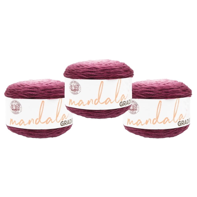 Lion Brand Mandala® Gradient Yarn #4 Medium/Worsted Yarn 150g/270m 3-Pack featuring three skeins of purple gradient yarn transitioning from deep to light shades, each wrapped in white labels with Mandala branding and Lion Brand logo, suitable for knitting, crochet, and crafting projects.