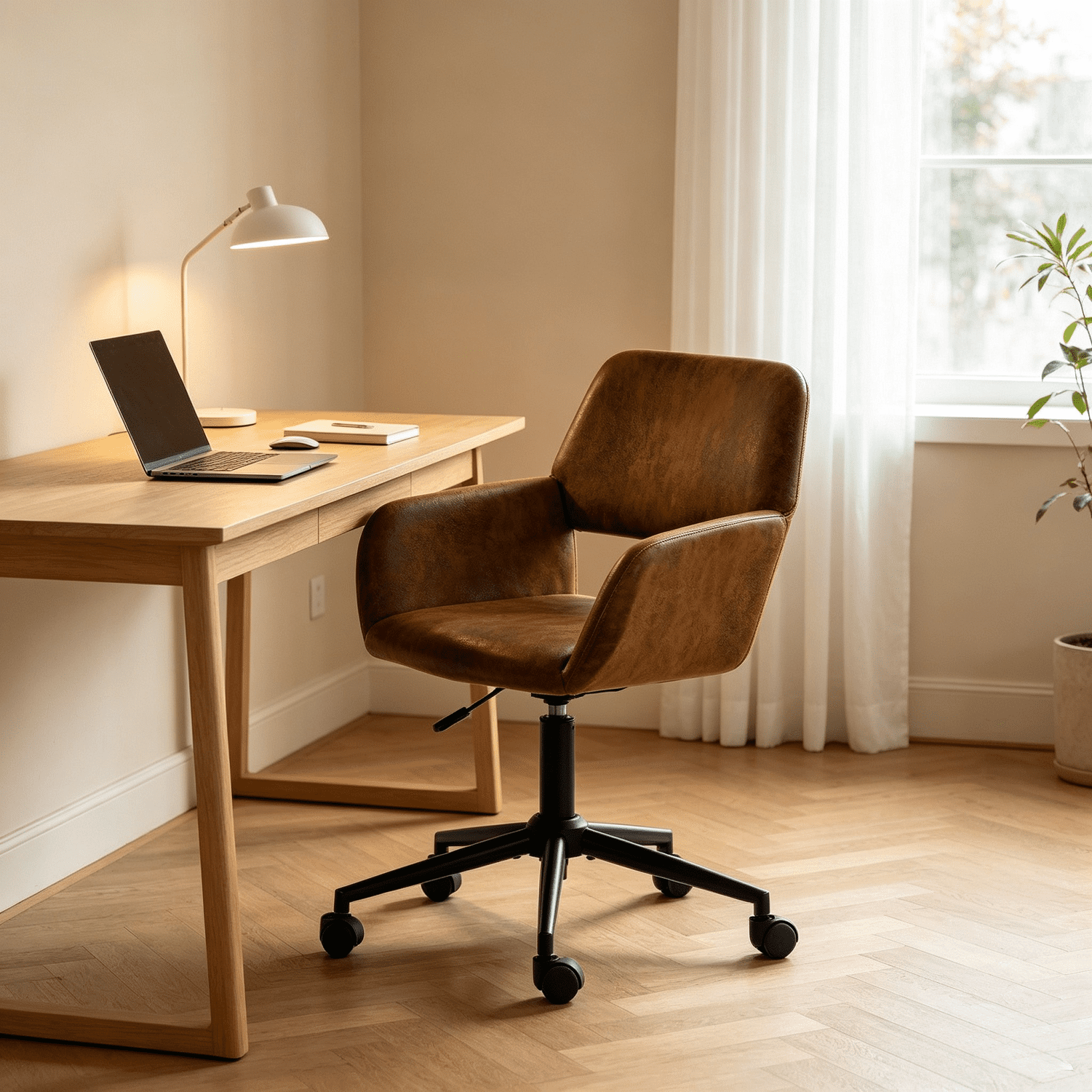 Homy Casa Padded Computer Chair, Brown Faux Suede Swivel Office Chair with Armrests, Height Adjustment and Casters