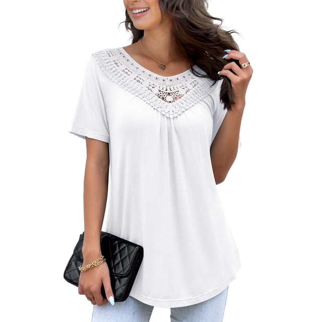 FOLUNSI Women's Plus Size Summer Tops Short Sleeve Lace Pleated Blouses Tunic Tops M-4XL. This white short-sleeve tunic features a soft, lightweight, and stretchy fabric blend of 95% rayon and 5% spandex. The design includes a lace splicing detail on the front, an O-neckline, and pleated accents on the front and back for a stylish and flattering fit. Suitable for casual wear, maternity use, or pairing with jeans for a relaxed look.