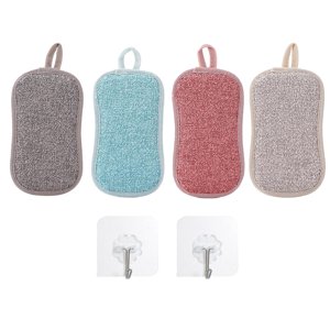 4PCS Reusable Dish Washable Sponge Microfiber Scouring Sponge With 2Sticky Hooks
