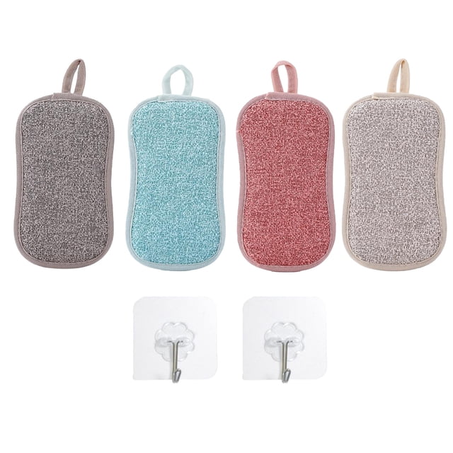 4PCS Reusable Dish Washable Sponge Microfiber Scouring Sponge with 2 Sticky Hooks. Includes four sponges in multicolour options: blue, gray, red, and beige, each with a hangable loop for easy storage. Two transparent adhesive hooks with metal hangers are also included. Ideal for kitchen cleaning tasks such as scrubbing pots, cutting boards, bowls, and plates. Made of eco-friendly, anti-bacterial, and odor-resistant microfiber and sponge material, suitable for dishwashing and general kitchen cleaning.