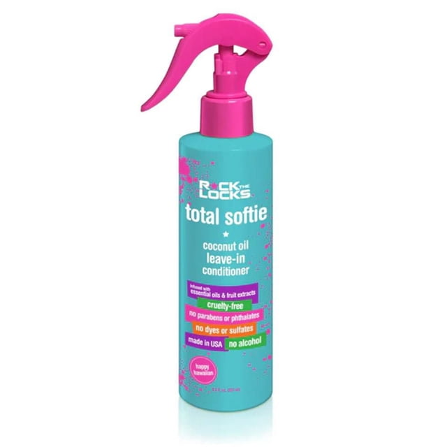 Total Softie - Coconut Oil Leave-in Conditioner by Rock the Locks in an 8.5 oz turquoise spray bottle with a pink trigger top, formulated for deep moisture, detangling, and smoothing hair, labeled cruelty-free, free of parabens, phthalates, dyes, sulfates, and alcohol, made in USA, suitable for taming fly-aways and adding shine.