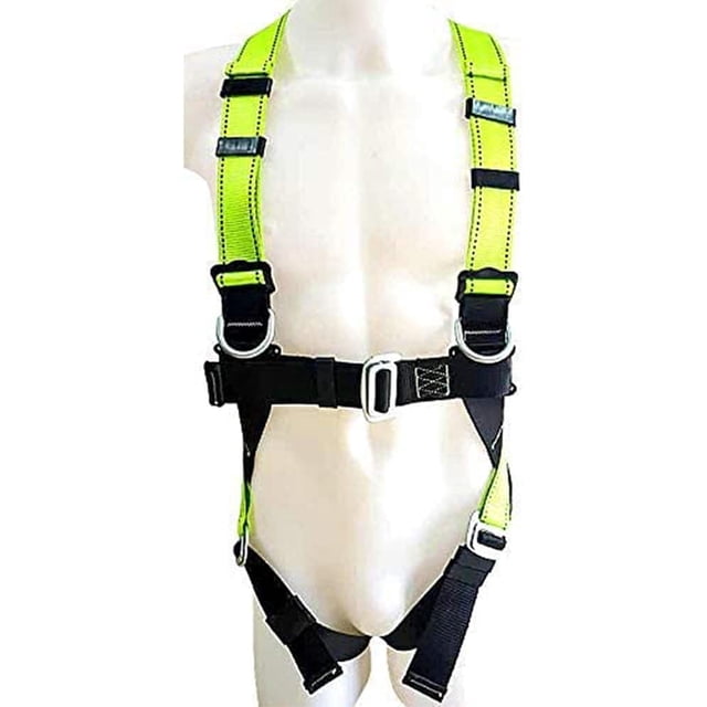 Full Body Safety Harness & Lanyard for fall protection, made of durable polyester fiber with adjustable straps, sliding back D-ring, and slotted buckles on waist and leg straps. Lightweight and tangle-free, supports up to 310 pounds (140 kg). Ideal personal protective equipment for rock climbing, tree climbing, fire rescue, and construction. Includes a lanyard with carabiner attachment for fall arrest, suspension, and rescue applications.