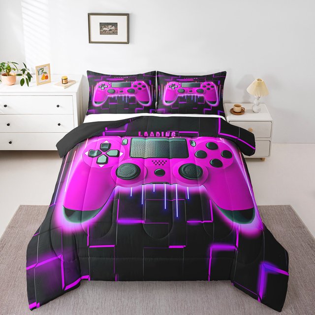 Purple Gaming Kids Queen Comforter Set - Gamer Comforter Boys Queen Size Bedding Set, Neon Lights Abstract Geometry Design Gamer Room Decor