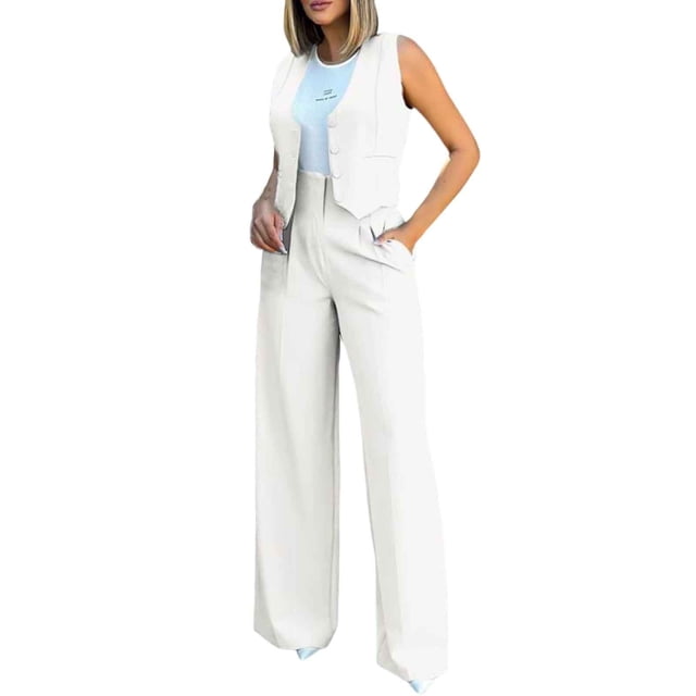 Kcodviy Womens Elegant Solid Color Womens Suit Pants Suit Vest Tank Cardigan Rompers with Open Legs Pockets Tops Wide Leg Wedding Pant Suits Petite Size Pants Suit