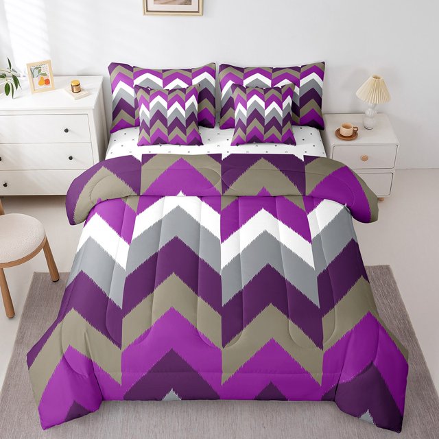 Erosebridal Ensembles de Literie à Rayures Abstraites Format Grand, Ensembles de Douillette Violets avec Draps, Décor de Minimalisme Futuriste, Réversible