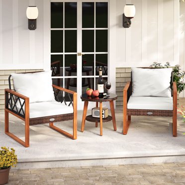 Costway Ensemble de Mobilier de Patio en Rotin PE 3 Pcs avec Cadre en Bois d'Acacia Massif et Coussins