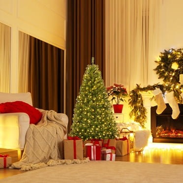Gymax Arbre de Noël Artificiel Pré-Illuminé de 4 Pieds Haut de Gamme Articulé avec 100 Lumières DEL et Support