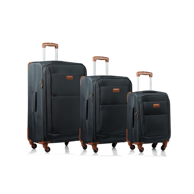 Champs Express Classic Collection Ensemble de Bagages 3 Pcs avec Trois Valises Latérales Souples Grises en Tailles 28 Pouces, 24 Pouces et 20 Pouces, avec Poignées en Cuir Brun, Poignées Télescopiques, Poches à Fermeture Éclair avant, Extension sur les Étuis 24 Pouces et 28 Pouces, et Roues Pivotantes à 360 Degrés, Montré devant 3/4 sur Fond Blanc, Idéal pour un Voyage Organisé.