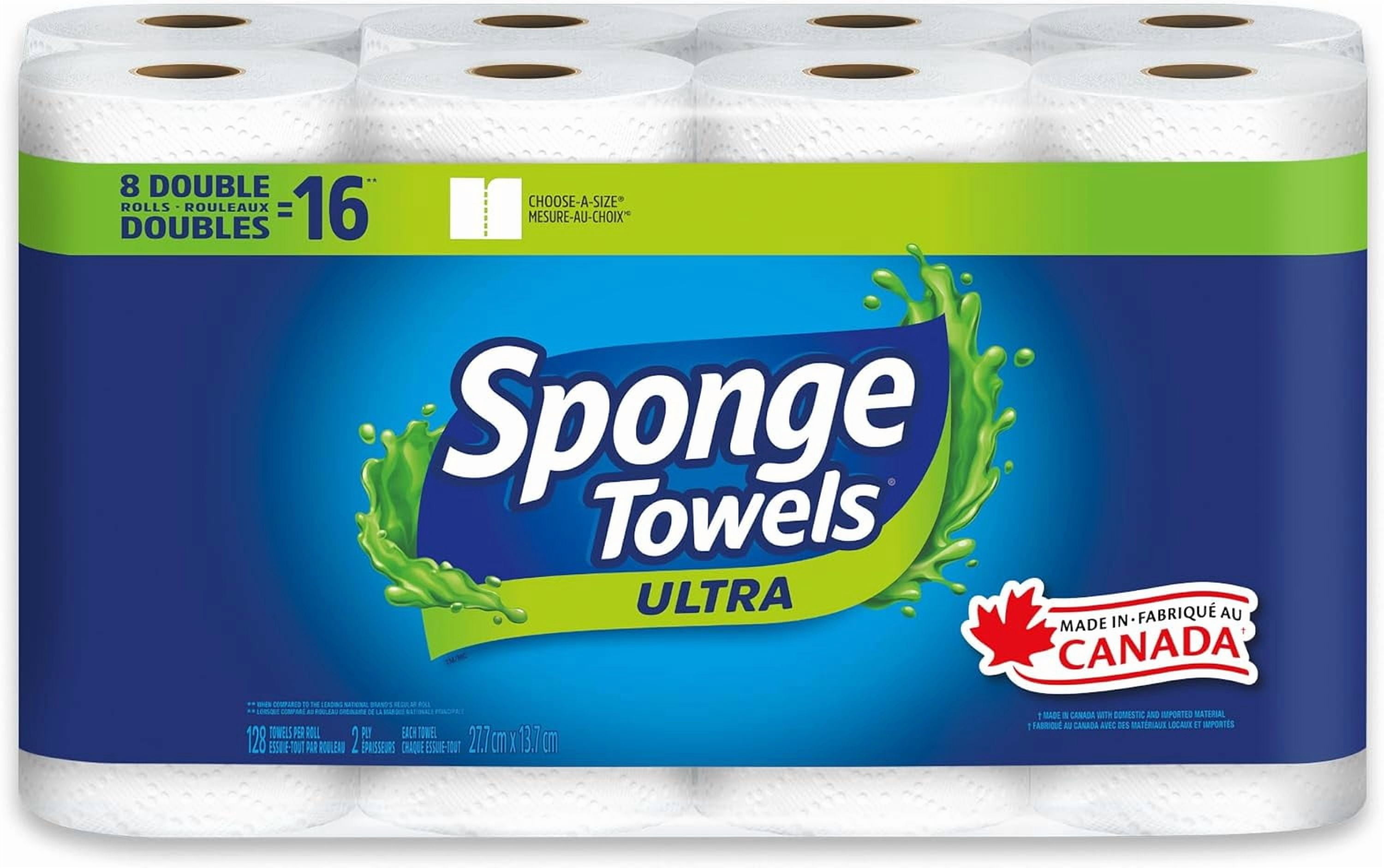 SpongeTowels Ultra Paper Towel, Double Sided Strength, 8 Double Rolls = 16 Regular Rolls