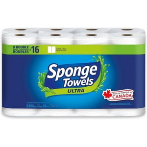 SpongeTowels Ultra Paper Towel, Double Sided Strength, 8 Double Rolls = 16 Regular Rolls