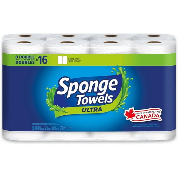 SpongeTowels Ultra Paper Towel, Double Sided Strength, 8 Double Rolls = 16 Regular Rolls