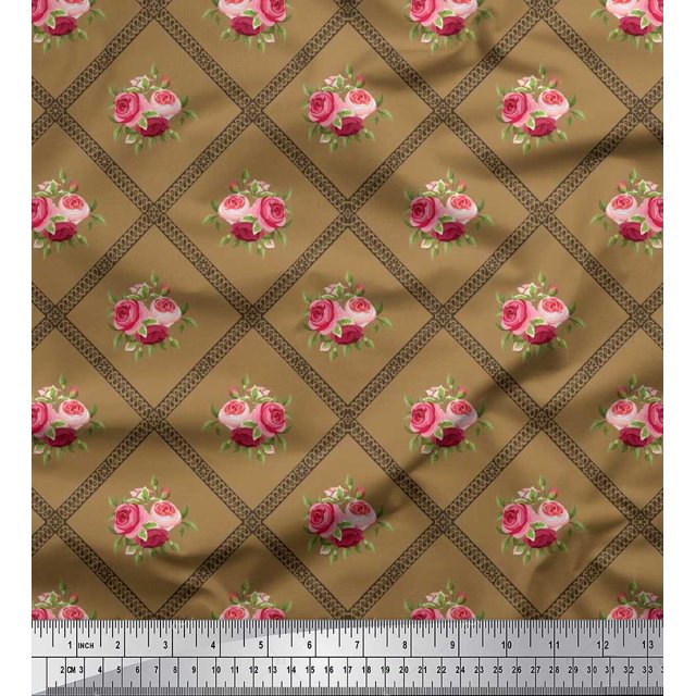 Soimoi polyester Crepe Fabric Check,Leaves & Rose Floral Print Fabric by the Yard 52 Inch Wide