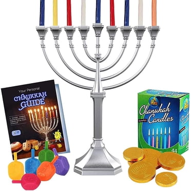 Kit Complet de Menorah Hanukkah Traditionnel Grace Menorah - Argent Satiné, 44 Bougies Hanukkah, 4 Miroirs, Guide de Hanukkah, Gelée de Chocolat - Ensemble Complet de Hanukkah par Zion Judaica
