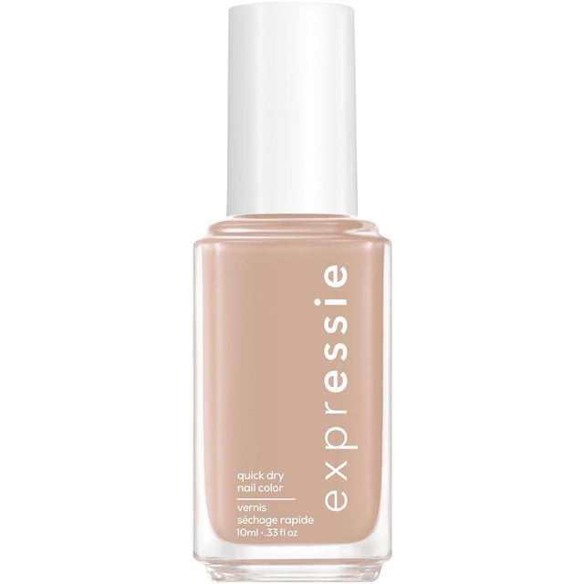 essie expressie quick-dry nail polish in light beige cream shade Buns Up, in a clear rectangular glass bottle with white cap and patented angled brush for easy application, quick-drying formula dries in about a minute without base or top coat, ideal for fast, on-the-go manicures
