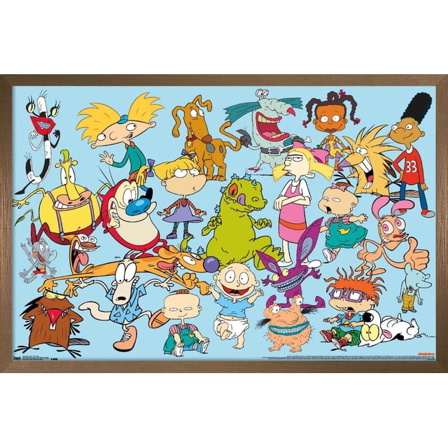 Affiche Murale de Personnages Nickelodeon, 14,725 Po x 22,375 Po Encadrée Présentant un collage vibrant de Personnages de Dessins Animés Nickelodeon Classiques Incluant Arnold de Hey Arnold!, Rocko, Ren et Stimpy, Rugrats babies Tommy et Chuckie, CatDog, et Autres sur un Fond Bleu Pâle, Convient comme art Mural Ou Déco de Pièce pour Chambres, Bureaux et Dortoirs.