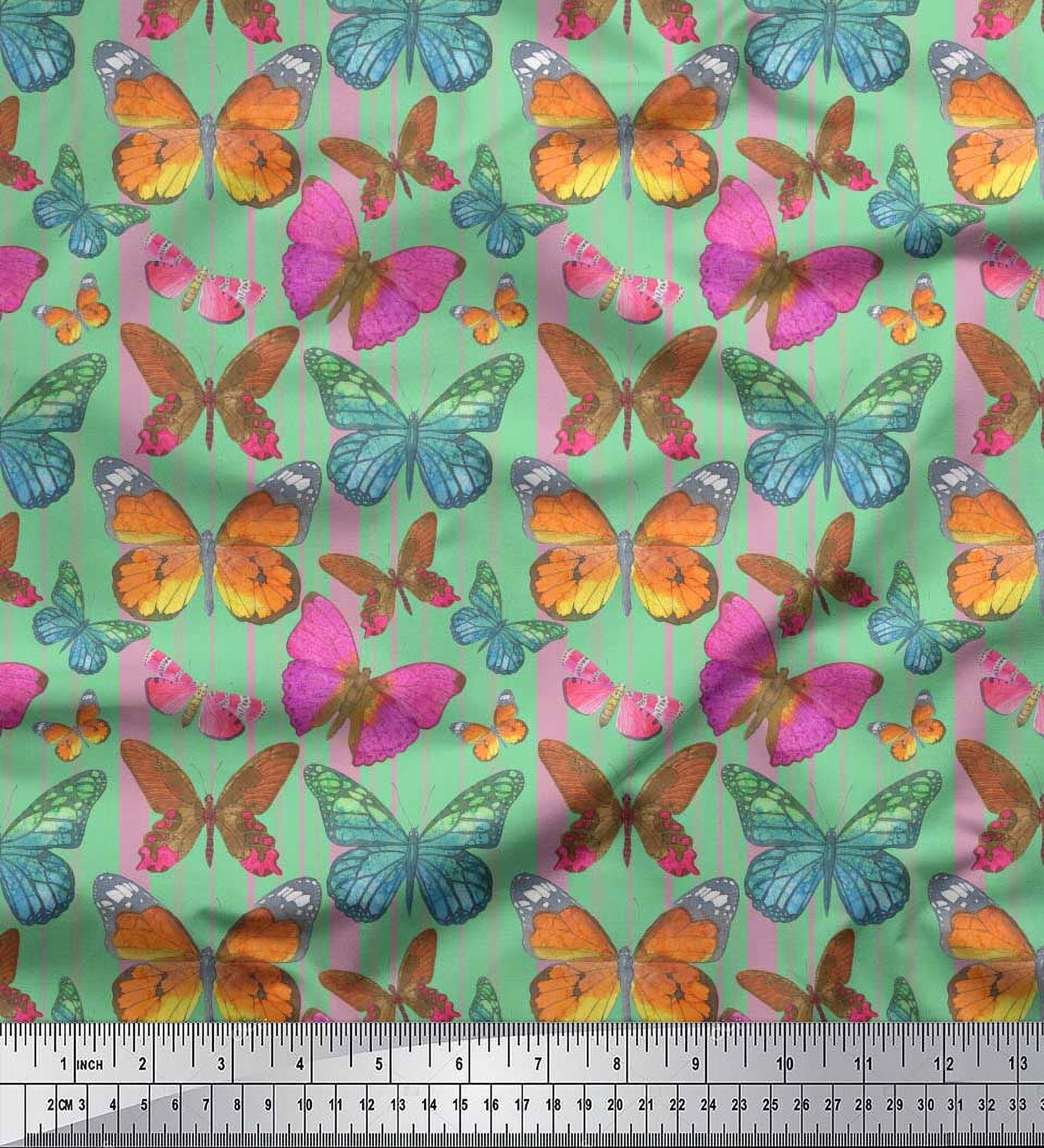 Soimoi Modal Satin Fabric Stripes & Butterfly Print Fabric by The Yard 42 Inch Wide