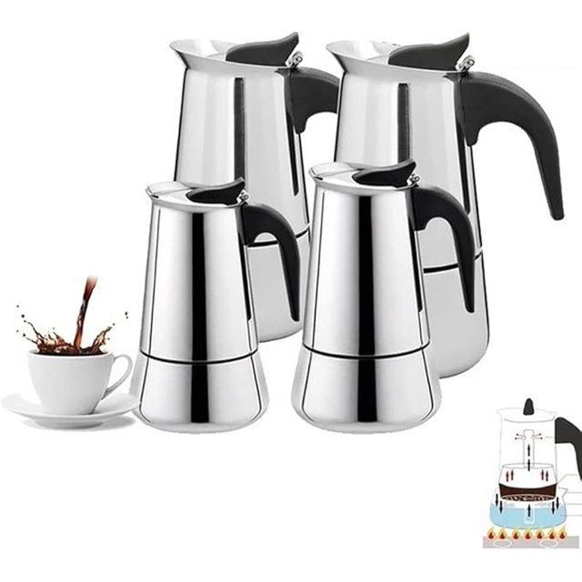 Premium Stainless Steel Italian Coffee Maker set, featuring four sizes (100ml, 200ml, 300ml, 450ml) with anti-scalding plastic handles and a polished finish. Designed for stovetop use, including induction cookers, with a steam extraction system for rich coffee essence. Includes a metal strainer for limited filtration and a separate design for easy cleaning. Displayed alongside a cup of coffee and a diagram illustrating steam release functionality.