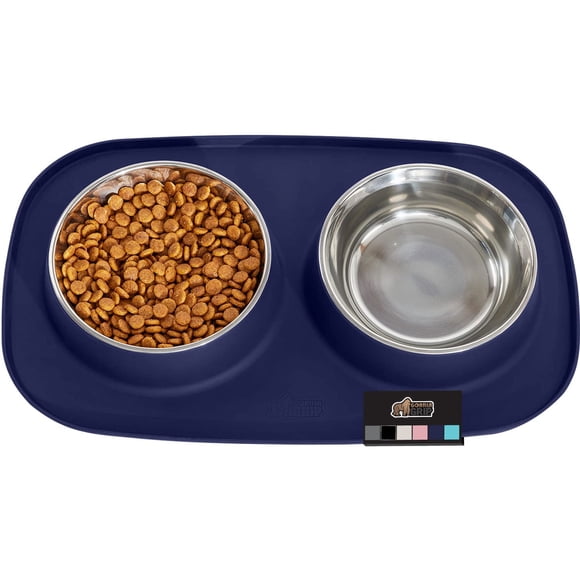 Gorilla Grip 100% Waterproof BPA Free Cat and Dog Bowls Silicone Feeding Mat Set Stainless Steel Bowl Slip Resistant Raised Edges Catch Water Food Mess No Spills Pet Accessories 2 Cup Navy