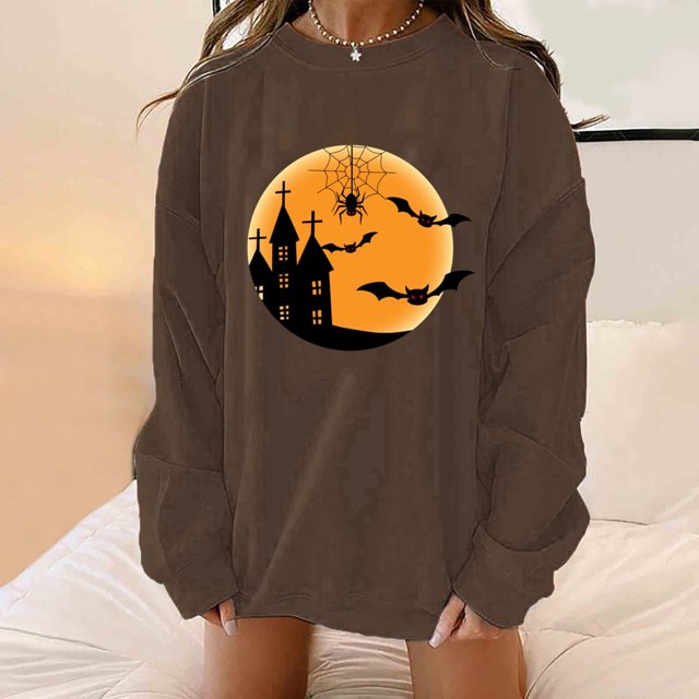 Chandails à Capuchon Mode pour Femmes 2023 Classique Imprimé d'Halloween Col Rond Manches Longues Chandail Ample Hauts Rabais de 50 % Liquidation Costumes d'Halloween/Noël