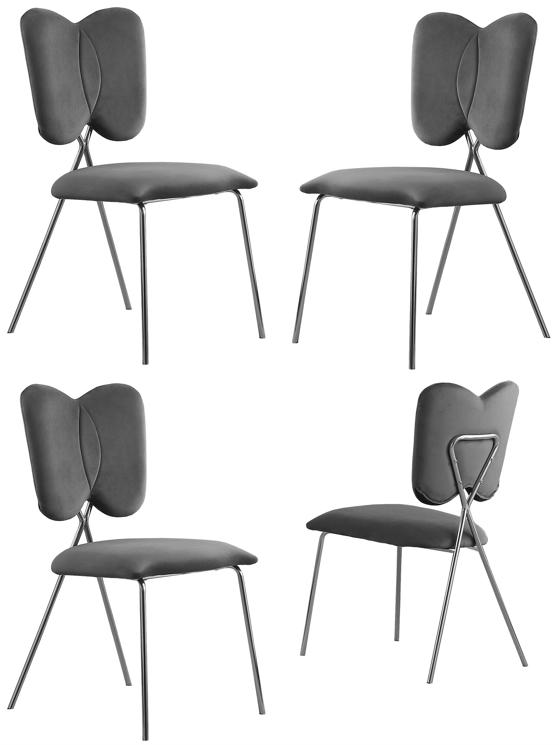 Chaises Latérales Ailées avec Velours Gris Foncé et Base Chromée Argentée (Ensemble de 4)