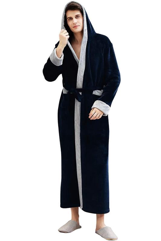 Artfasion Mens Long Bathrobe with Hood Warm Soft Shawl Collar Plush Spa Robe
