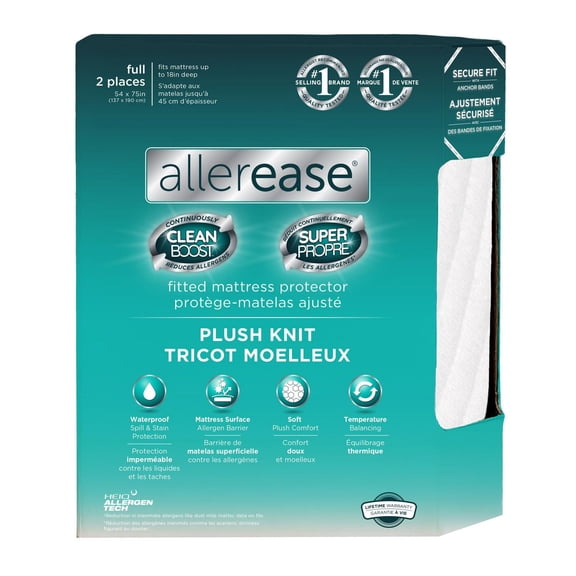 AllerEase CleanBoost Plush Knit Protège-matelas housse, double – Ajusté, avec sangles, imperméable