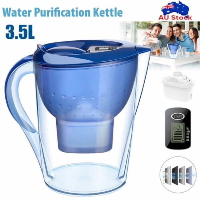 3.5L BPA-Free Water Filter Jug with Smart LED Indicator, blue flip top lid, and contoured handle. Includes 4 MAXTRA+ cartridges for reducing lead, copper, chlorine, and limescale. Ideal for large households, this pitcher water filter offers ergonomic design and superior filtration for pure, fresh-tasting water.