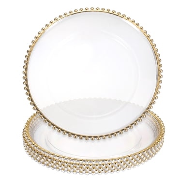 Uxcell 6pcs Clear Charger Plates Bulk, 13" Plastic Round Charger Plates with Bead Trim Dinner Dessert Plate for Wedding Party Event Table Setting Decoration, Light Gold